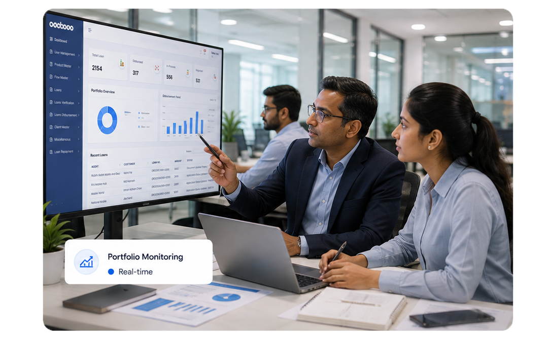 Lending team reviewing portfolio monitoring dashboards on a large screen in a meeting room
