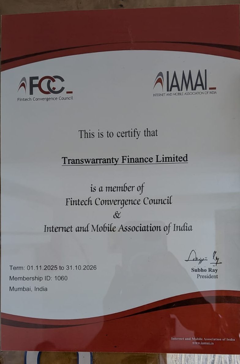Certificate confirming Transwarranty Finance Limited is a member of the Fintech Convergence Council and the Internet and Mobile Association of India, Membership ID 1060
